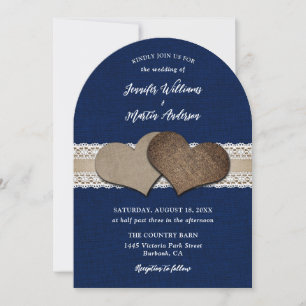 Rustic Chic Navy Blue Burlap Hearts Lace Wedding Invitation