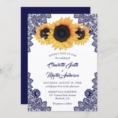 Rustic Chic Navy Blue Lace Sunflower Wedding Invitation