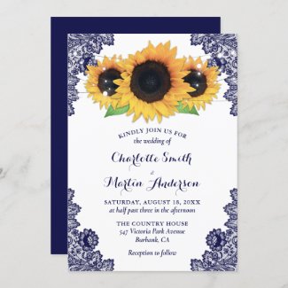 Rustic Chic Navy Blue Lace Sunflower Wedding Invitation