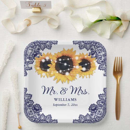 Rustic Chic Navy Blue Lace Sunflower Wedding Paper Plates