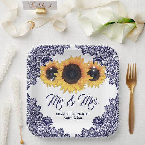 Rustic Chic Navy Blue Lace Sunflower Wedding Paper Plates