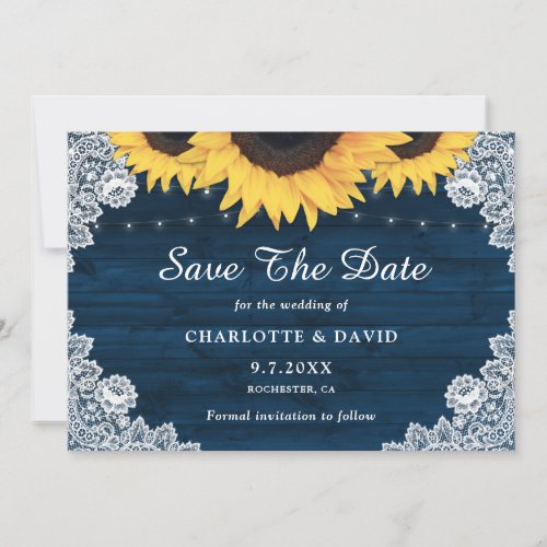 Rustic Chic Navy Blue Wood Lace Sunflower Wedding Save The Date