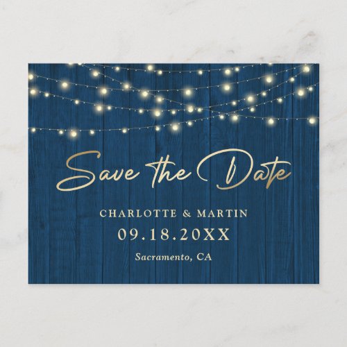 Rustic Chic Navy Blue Wood Wedding Save The Date Announcement Postcard