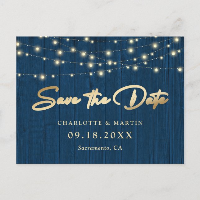 Rustic Chic Navy Blue Wood Wedding Save The Date Announcement Postcard (Front)