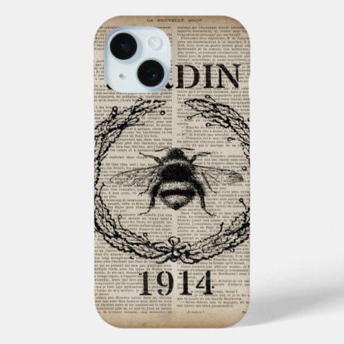 rustic chic newspaper country botanical french bee iPhone 15 case