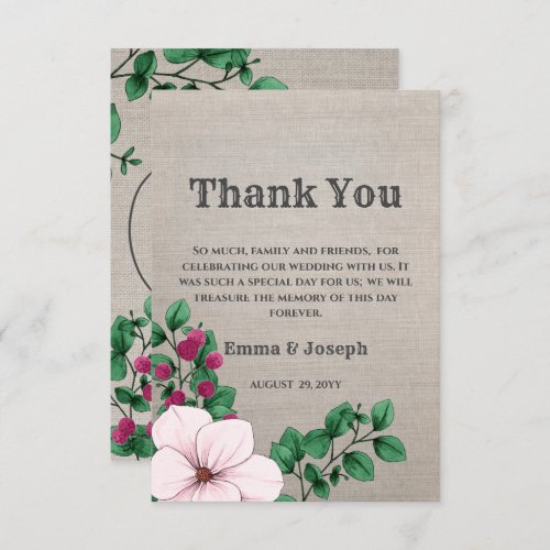 Rustic Chic Pink Berry Green Floral Linen Thank You Card