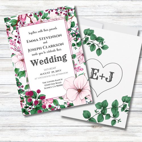 Rustic Chic Pink Floral Green Botanical Wedding Invitation