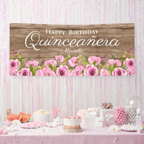 Rustic Chic Pink Poppies Quinceaera Banner