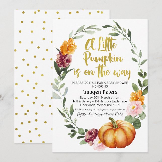 Rustic chic pumpkin floral baby shower invitation (Front/Back)