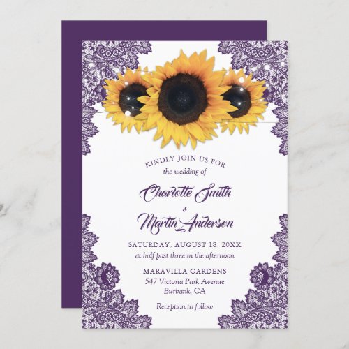 Rustic Chic Purple Lace Sunflower Wedding Invitation