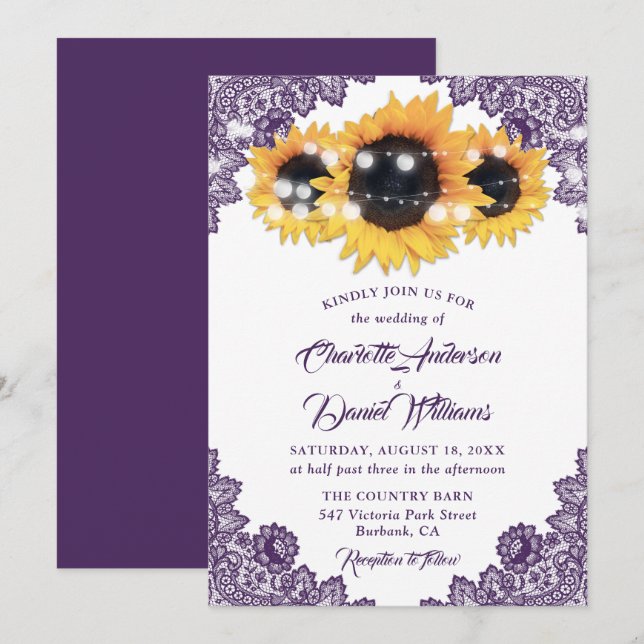 Rustic Chic Purple Lace Sunflower Wedding Invitation (Front/Back)