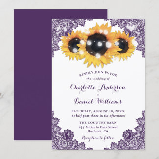 Rustic Chic Purple Lace Sunflower Wedding Invitation
