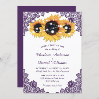 Rustic Chic Purple Lace Sunflower Wedding Invitation