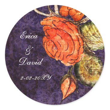 Rustic Chic Purple Vintage Rose Wedding Classic Round Sticker