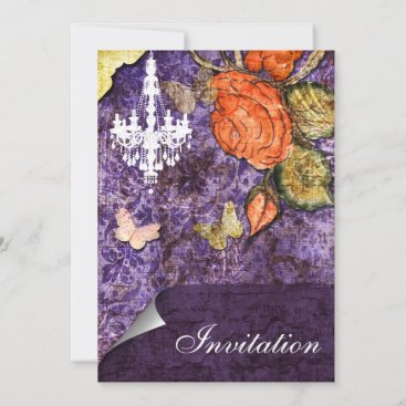 Rustic Chic Purple Vintage Rose Wedding Invitation