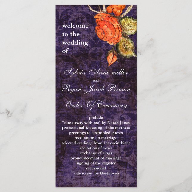 Rustic Chic Purple Vintage Rose Wedding Program (Front)