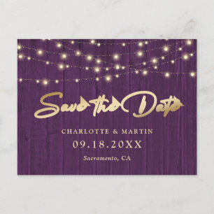 Rustic Chic Purple Wood Wedding Save The Date Announcement Postcard