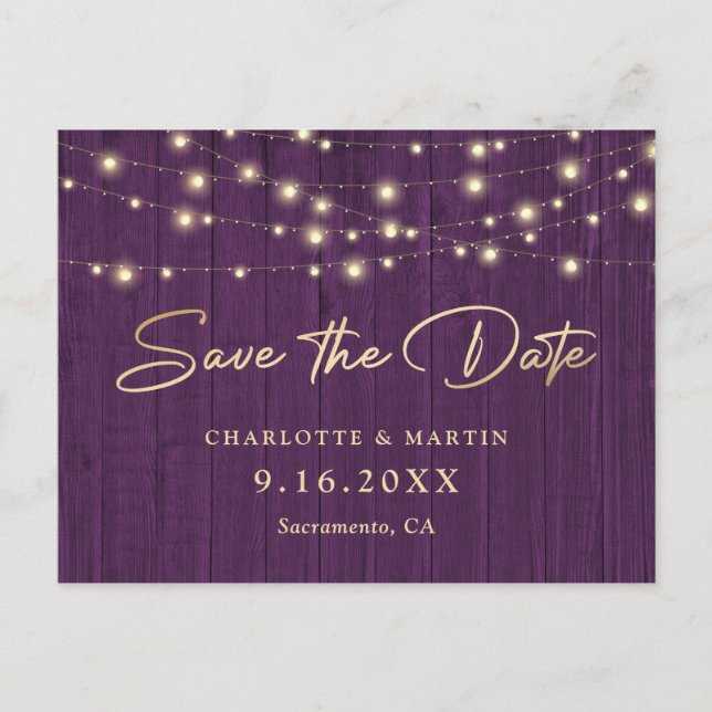 Rustic Chic Purple Wood Wedding Save The Date Announcement Postcard (Front)