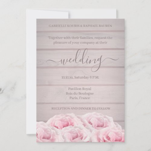 Rustic Chic Real Pink Roses Wood Plank Wedding Invitation
