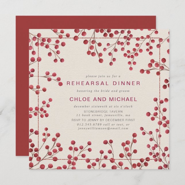 Rustic Chic Red Berry Winter Wedding Rehearsal Invitation (Front/Back)