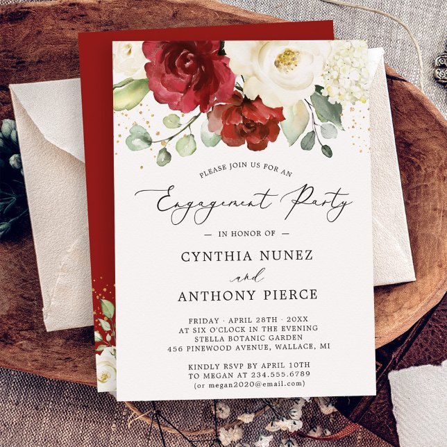 Rustic Chic Red White Floral Gold Engagement Party Invitation (Creator Uploaded)