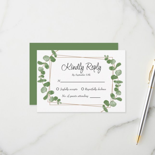 Rustic Chic Sage Green Eucalyptus RSVP card (Front/Back In Situ)