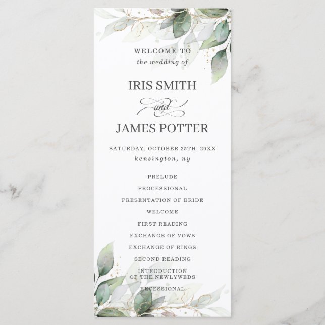 Rustic Chic Sage Greenery Gold Wedding Program (Front)