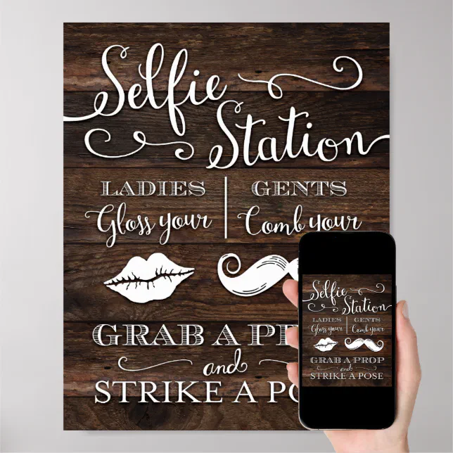 Rustic Chic SELFIE STATION GRAB A PROP Sign Print | Zazzle