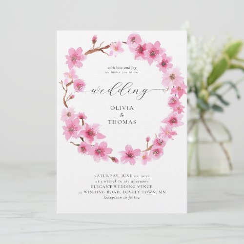 Rustic Chic Spring Cherry Blossoms Wreath Wedding Invitation