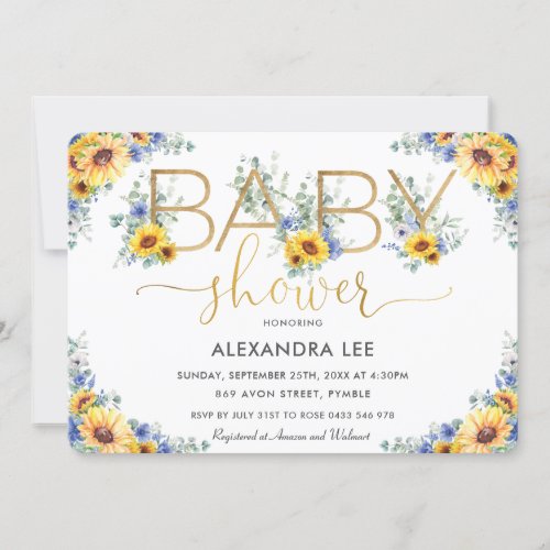 Rustic Chic Sunflower Blue Floral Baby Shower   In Invitation