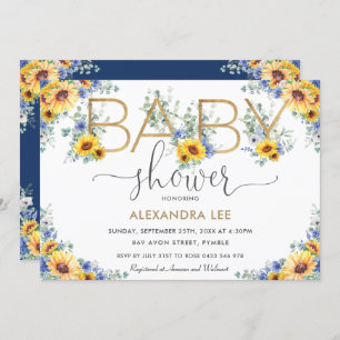 Rustic Chic Sunflower Blue Floral Baby Shower   In Invitation