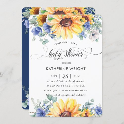 Rustic Chic Sunflower Blue Floral Baby Shower  Invitation