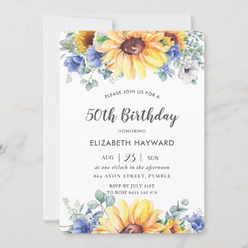 Rustic Chic Sunflower Blue Floral Female Birthday  Invitation