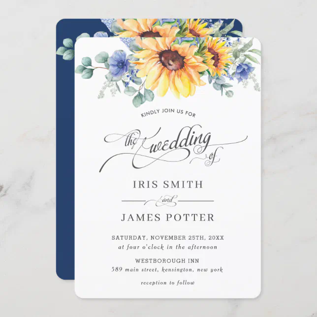 Rustic Chic Sunflower Blue Floral Wedding Invitation | Zazzle