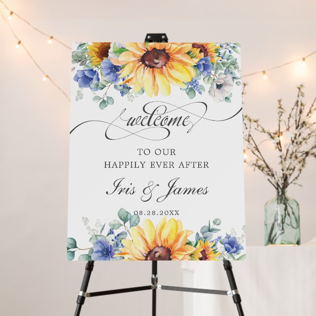Rustic Chic Sunflower Blue Floral Wedding Welcome Foam Board (In Situ (Stand))
