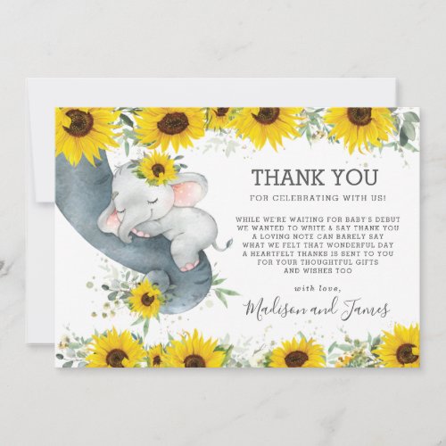 Rustic Chic Sunflower Elephant Baby Shower Girl  Thank You Card
