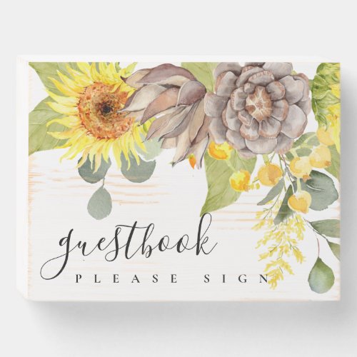 RUSTIC CHIC SUNFLOWER EUCALYPTUS FLORAL GUESTBOOK WOODEN BOX SIGN