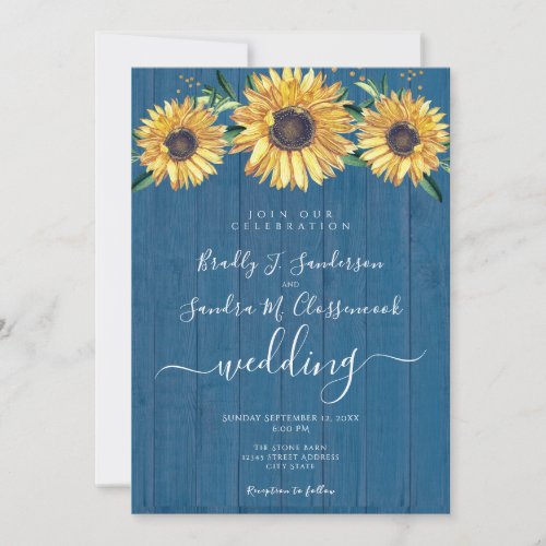 Rustic Chic Sunflower Navy Blue Wood Wedding  Inv  Invitation