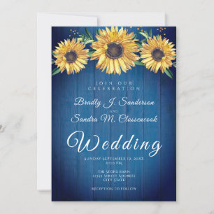 Rustic Chic Sunflower Navy Blue Wood Wedding Invitation