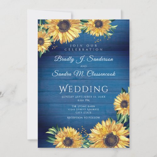  Rustic Chic Sunflower Navy Blue Wood Wedding  Invitation