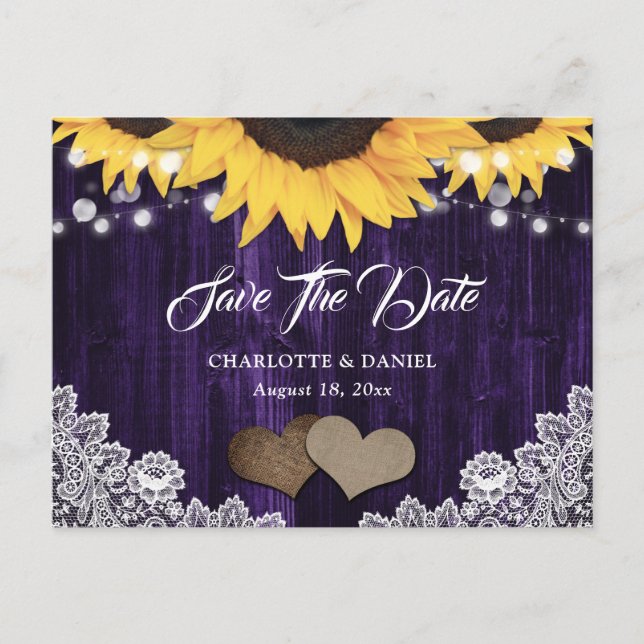 Rustic Chic Sunflower Purple Wedding Save The Date Announcement Postcard (Front)