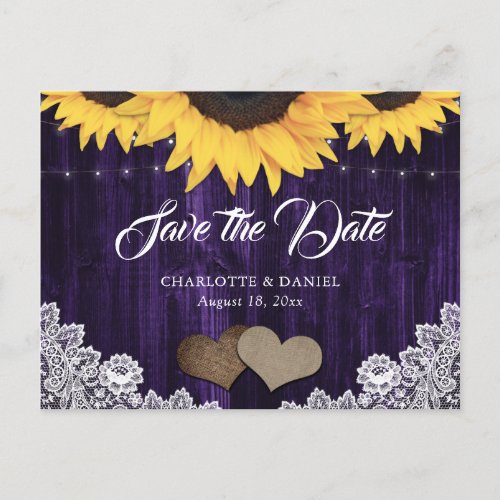Rustic Chic Sunflower Purple Wedding Save The Date Announcement Postcard
