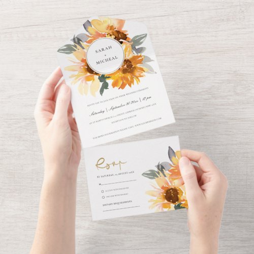 RUSTIC CHIC SUNFLOWER WATERCOLOR FLORAL WEDDING AL ALL IN ONE INVITATION