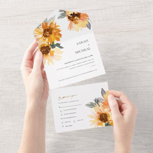 RUSTIC CHIC SUNFLOWER WATERCOLOR FLORAL WEDDING AL ALL IN ONE INVITATION