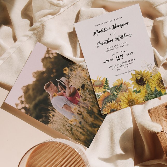 Rustic Chic Sunflower Watercolor Photo Wedding Invitation (Creator Uploaded)