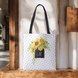 Rustic Chic Sunflowers and Dots with Monogram Tote Bag