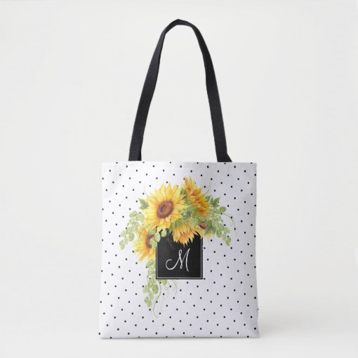 Rustic Chic Sunflowers and Dots with Monogram Tote Bag | Zazzle