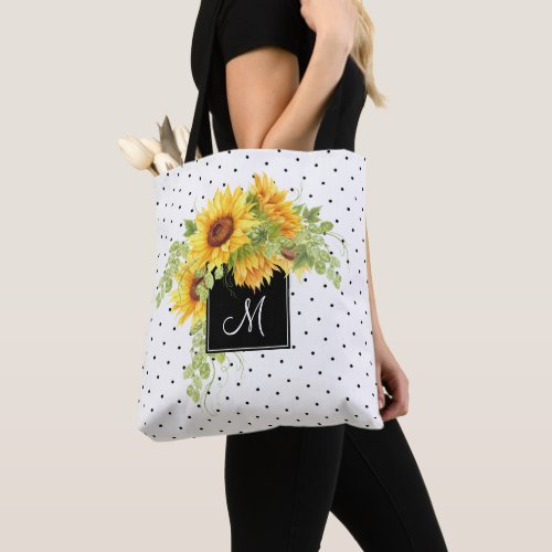 Rustic Chic Sunflowers and Dots with Monogram Tote Bag