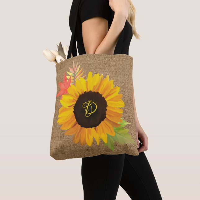 Rustic Chic Sunflowers and Fall Leaves Monogram Tote Bag (Close Up)