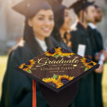 Rustic chic sunflowers elegant graduate summer gra graduation cap topper<br><div class="desc">Rustic floral country style college,  university,  or high school summer graduation cap topper featuring big yellow gold sunflowers bouquets and a classy faux gold calligraphy script over a dark brown barn wood background.                    Easy to personalize with graduate's details!</div>